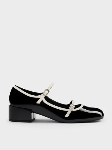 Black Patent Contrast-Trim Double-Strap Mary Jane Pumps | CHARLES & KEITH | Charles & Keith EU