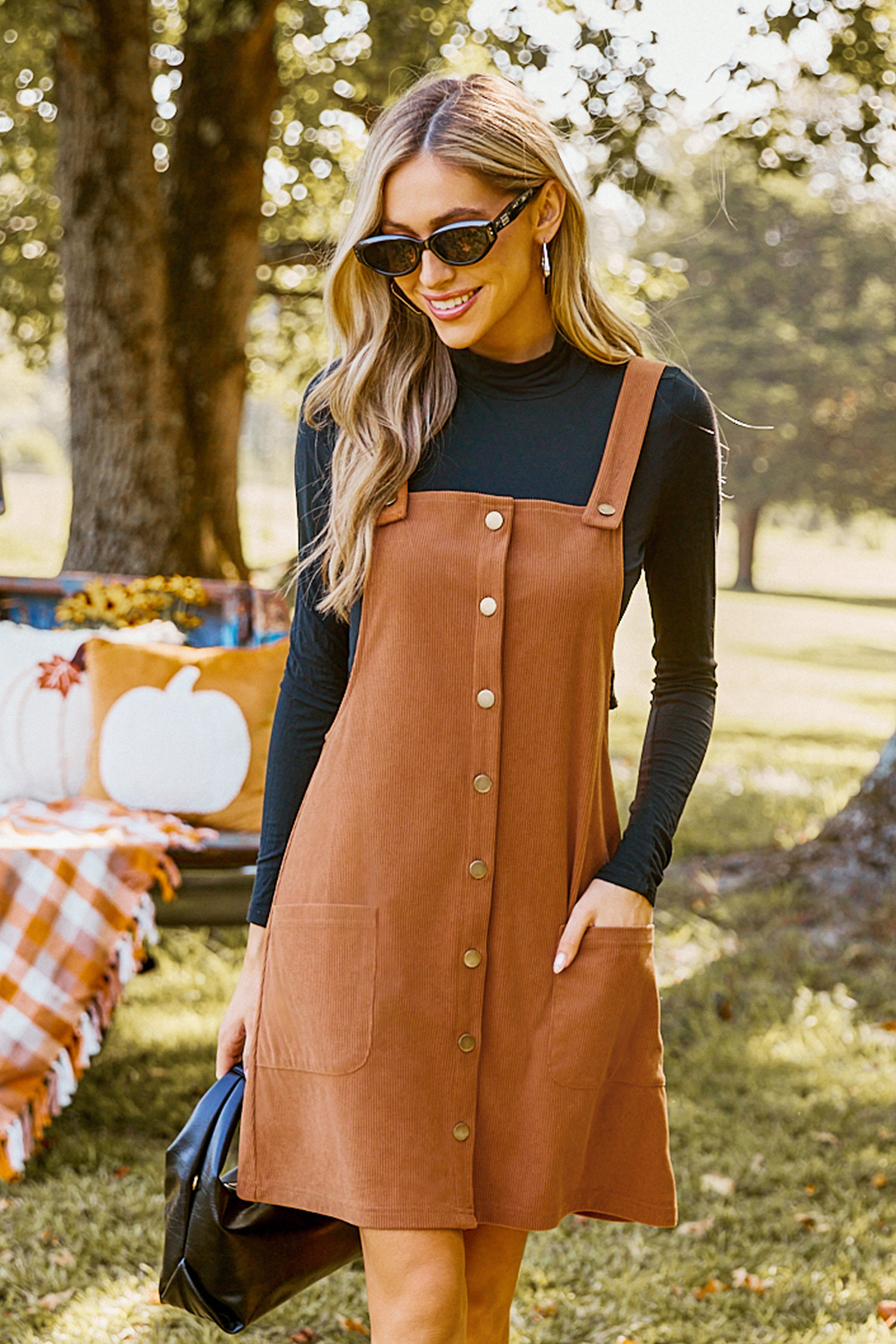 Brown Corduroy Square Neck Pinafore Dress | Cupshe US