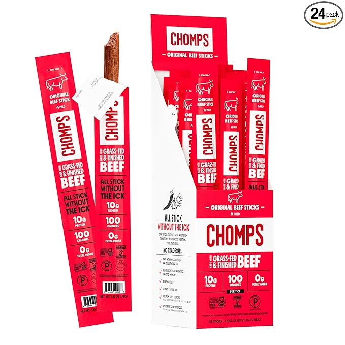 Chomps Grass-Fed and Finished Original Beef Jerky Snack Sticks 24-Pack, Keto, Paleo, Whole30, 10g... | Amazon (US)