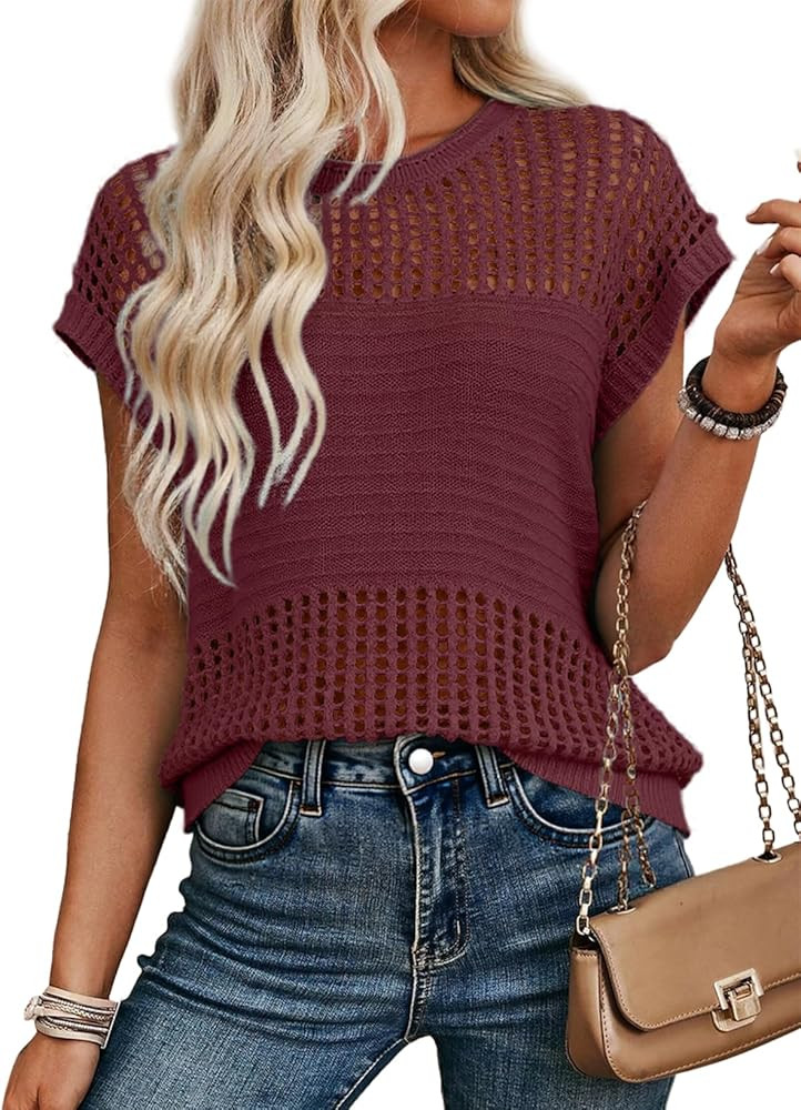 EVALESS Womens Tops Casual Summer Cap Short Sleeve Crochet Hollow Out Knit Sweater Vest Pullover ... | Amazon (US)
