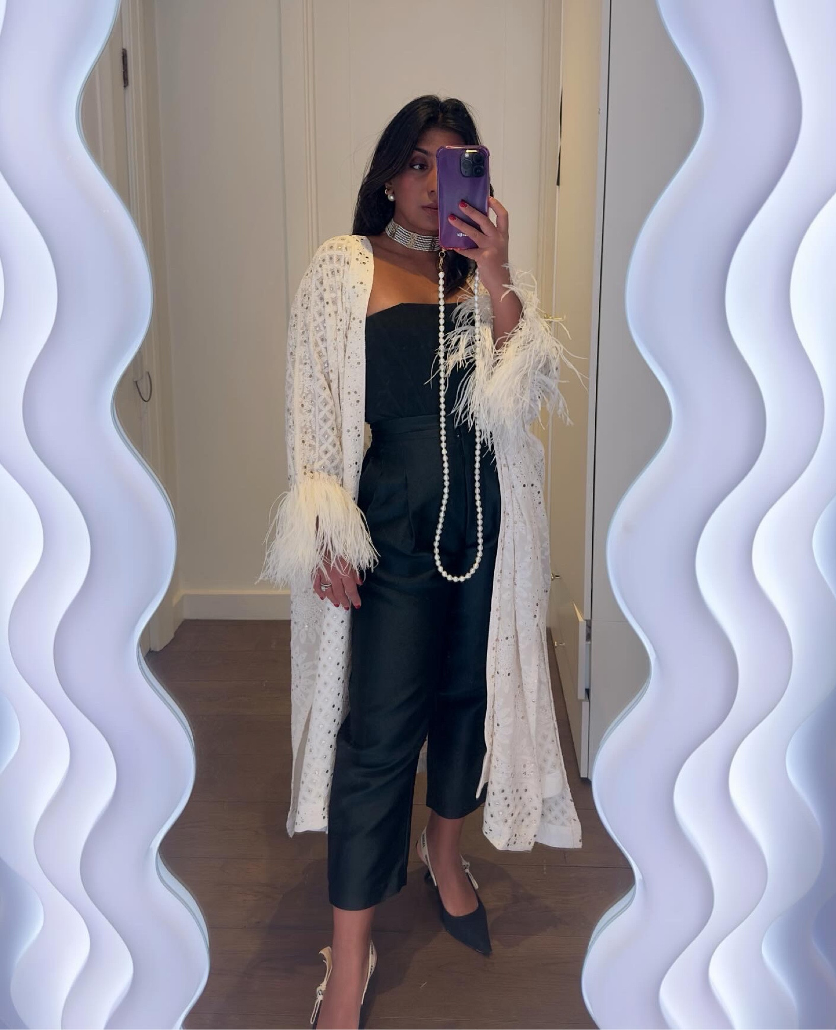 Mango, Dior, Farfetch, 24s,  Alkhemy studio, feather cuffs, white cape, black corset, corset top, silk trousers, tapered trousers, Dior heels, sling back heels, Diwali outfit, Diwali look, black and white outfit, monochrome fit, outfit ideas, style inspiration 

#LTKstyletip #LTKSeasonal #LTKeurope