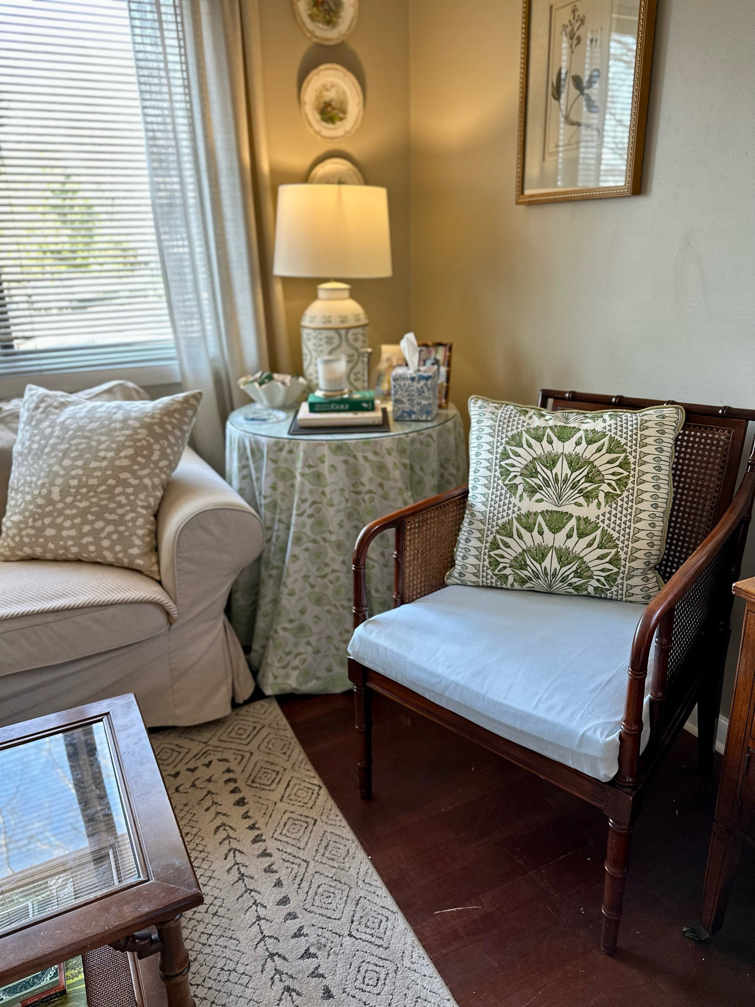 Living room sitting area. Our living room so far feels pretty finished, but there are still some updates I’d like to make! Here’s a look at how it looks now to give you an idea of the space we’re working with and the different vignettes set up in the room!

First house, living room, blue and green decor, southern traditional, antique furniture, smaximalist, southern maximalism, affordable home decor, interior design hack, cane furniture, faux bamboo furniture, ikea sofa, skirted table

#LTKhome #LTKfindsunder50 #LTKfindsunder100