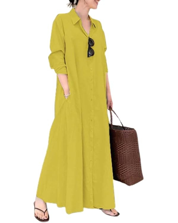 chouyatou Women's Basic Loose Fit Long Sleeve Button Up Maxi Shirt Dress with Pockets | Amazon (US)
