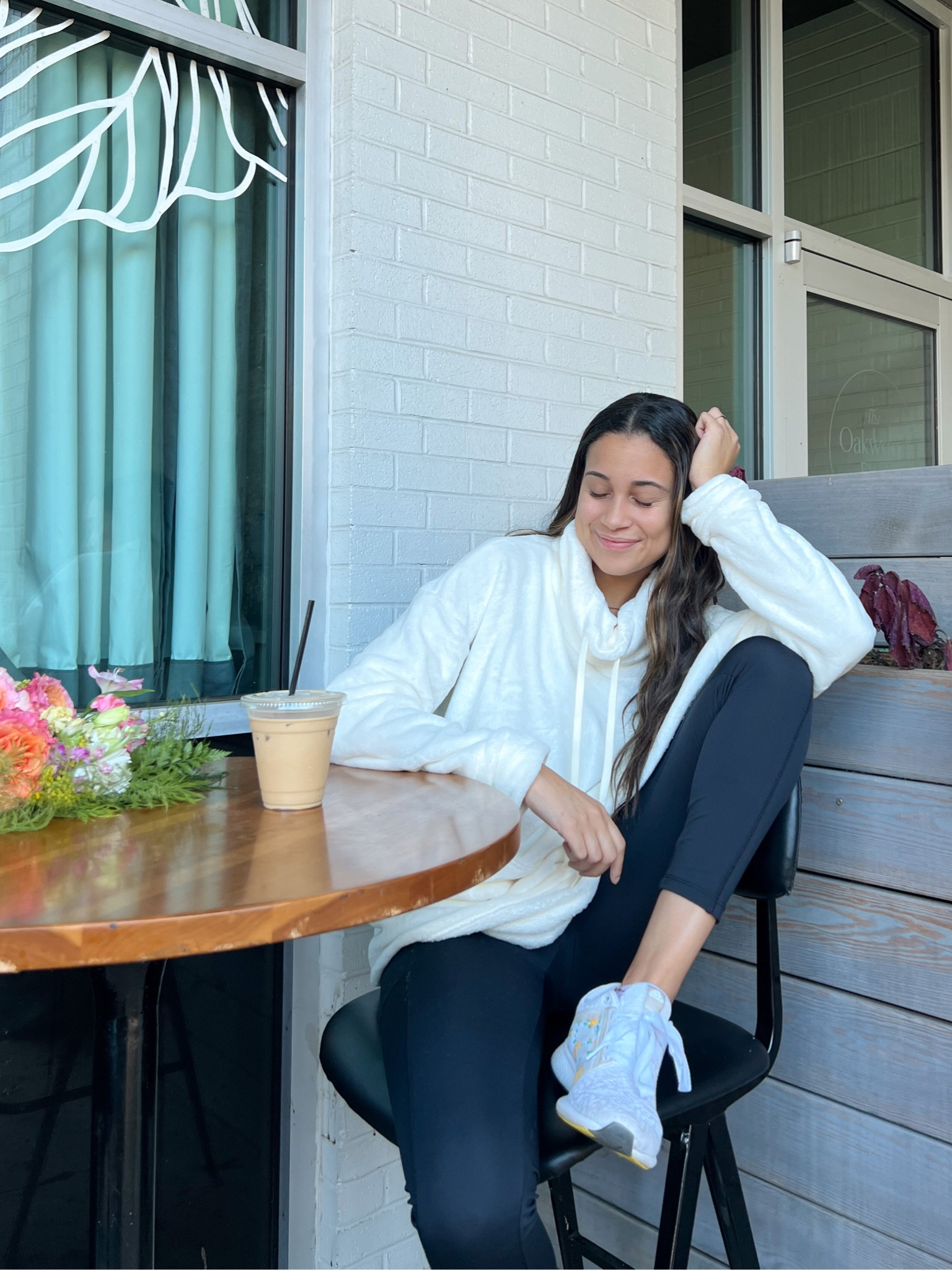White sweater athletic fit sneakers fluffy comfy outfit jogger set comfy set soft top fluffy top florals coffee outing 