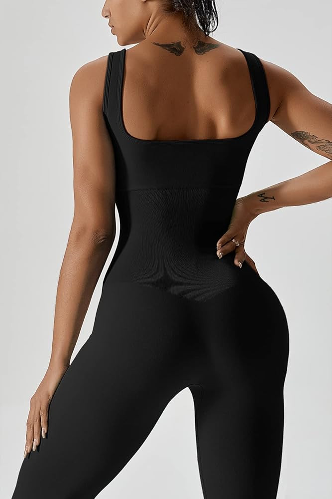 QINSEN Womens Zip Front Square Neck Tank Top Sleeveless Jumpsuit Long Pants Yoga Unitard Rommpers | Amazon (US)