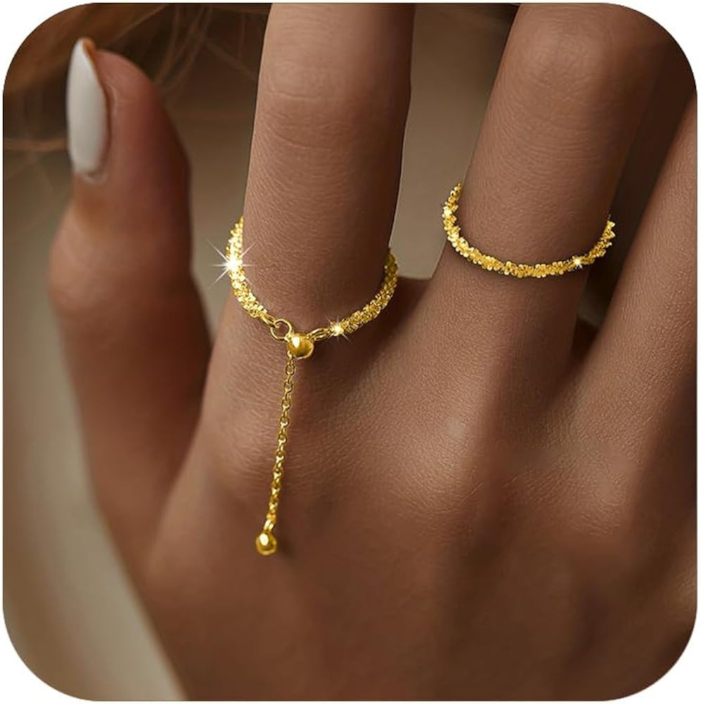 925 Sterling Silver Link Chain Fidget Rings with Dangle Bead Star for Women 14k Gold Plated Adjus... | Amazon (US)