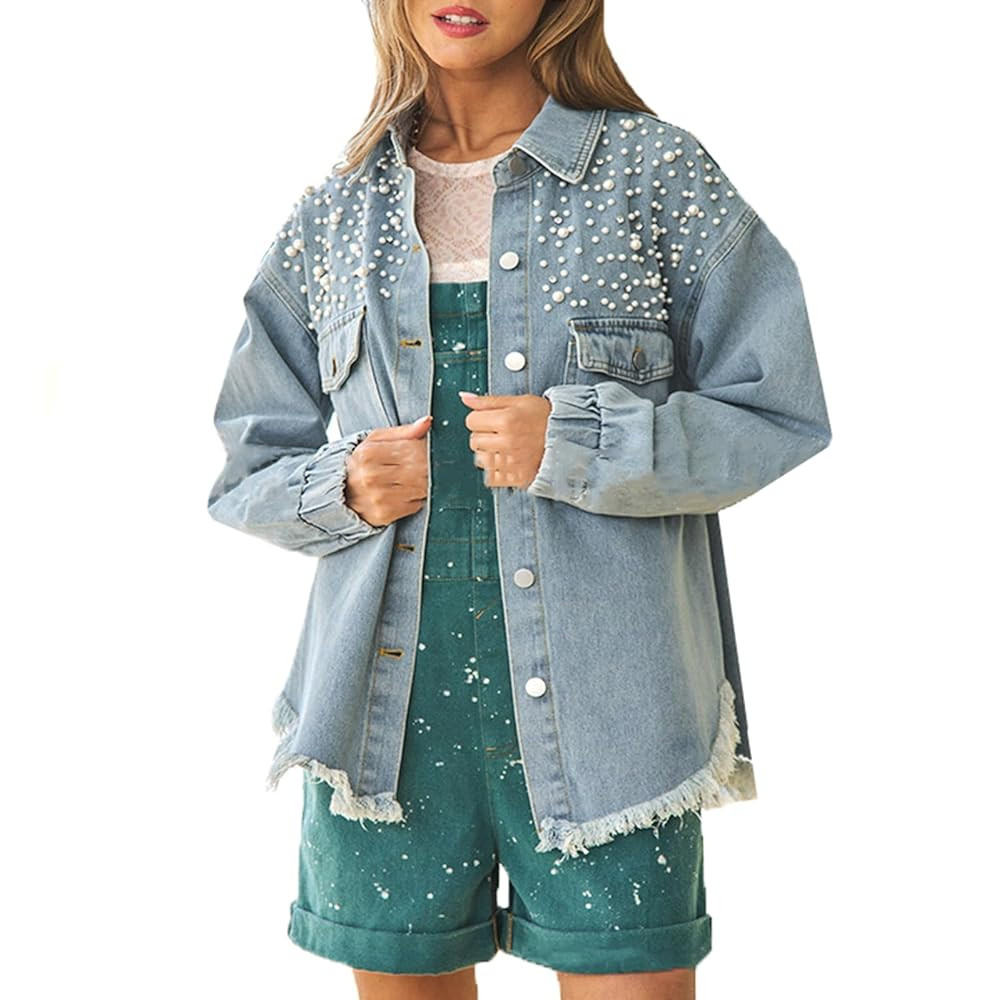 cffvdiz Women's Long Sleeve Denim Shirt Jacket Distressed Raw Hem Pearl Rivet Button Down Jean Ja... | Amazon (US)