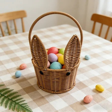Kbndieu Woven Easter Basket with Handles, Imitation Rattan Easter Bunny Baskets with Cute Rabbit Ears, Easter Egg Hunt Bucket for Picnic Wedding Easter Decorations Gifts (Brown) | Walmart (US)