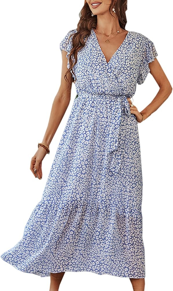 Angashion Women’s Dress Summer Boho Floral Printed Tiered V Neck Ruffle Short Sleeves Belted Mi... | Amazon (US)