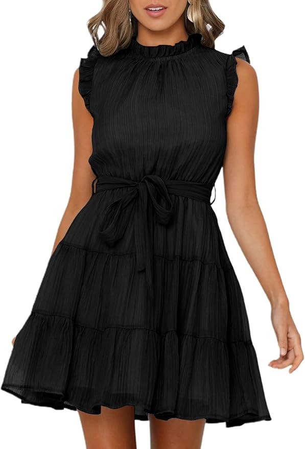 FARYSAYS Women's 2023 Summer Sleeveless Ruffle Waist Tie Casual Tiered Mini Swing Dress | Amazon (US)