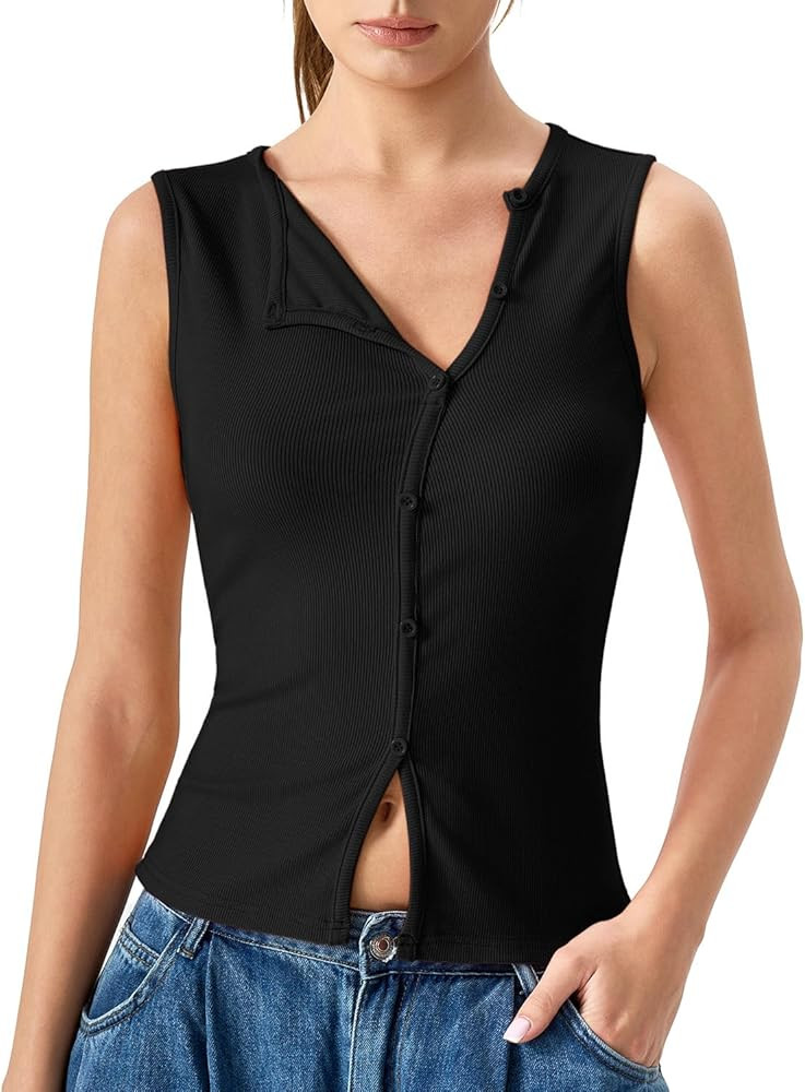 QINSEN Women's Sleeveless Ribbed Crewneck Tank Top Upper Button Fastening Shirts Going Out Tops | Amazon (US)
