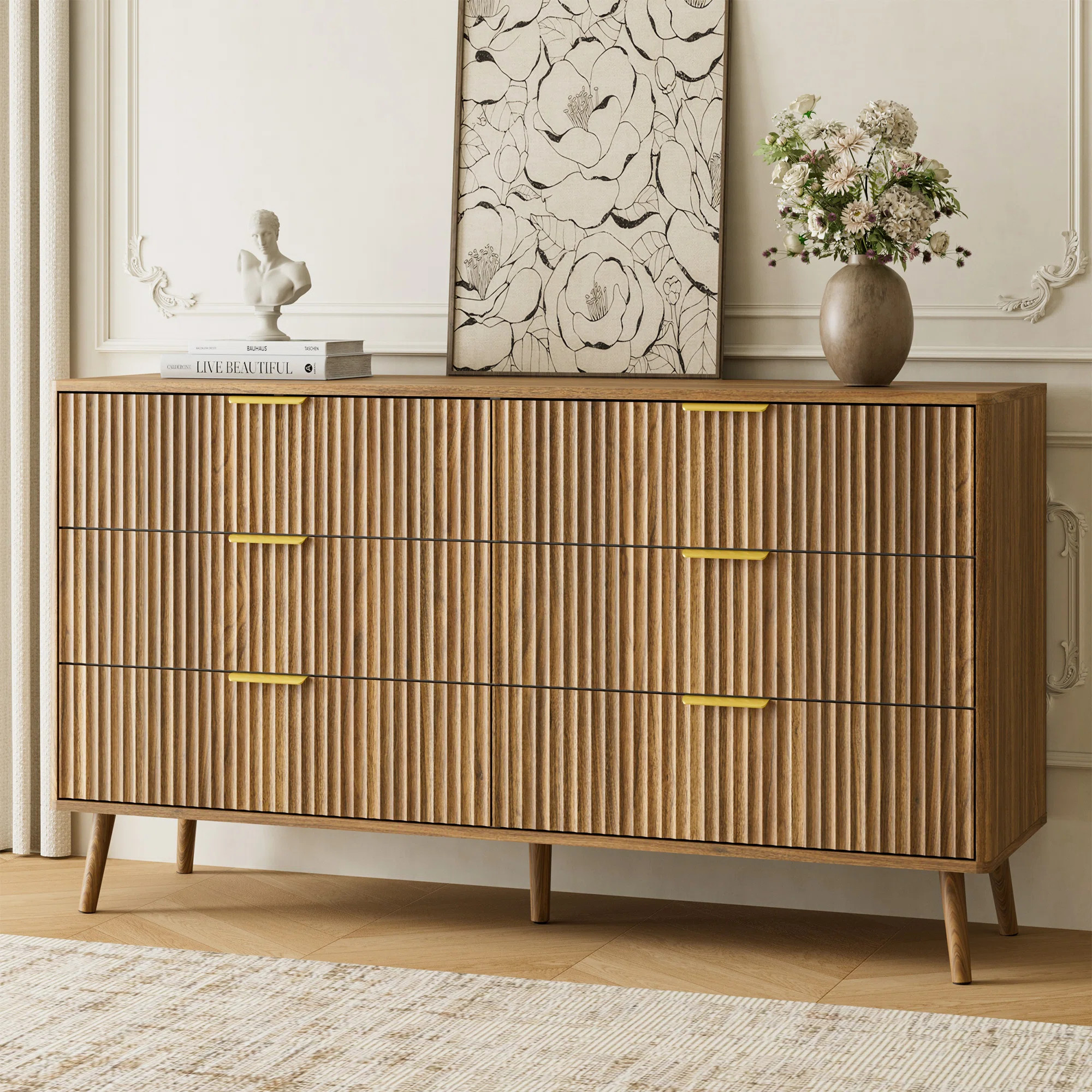 Fluted 6-Drawer Double Dresser For Bedroom, 55.1" Modern Chest Of Drawers With Deep Drawers, Curv... | Wayfair North America