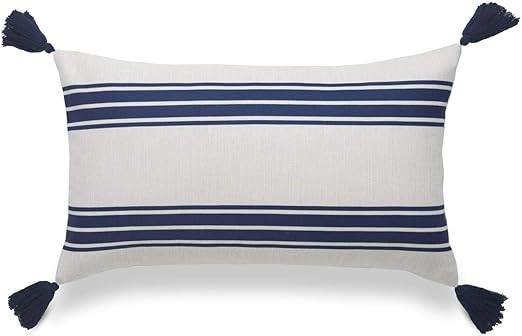 Hofdeco Coastal Decorative Lumbar Throw Pillow Cover ONLY, for Couch, Sofa, or Bed, Navy Blue Str... | Amazon (US)