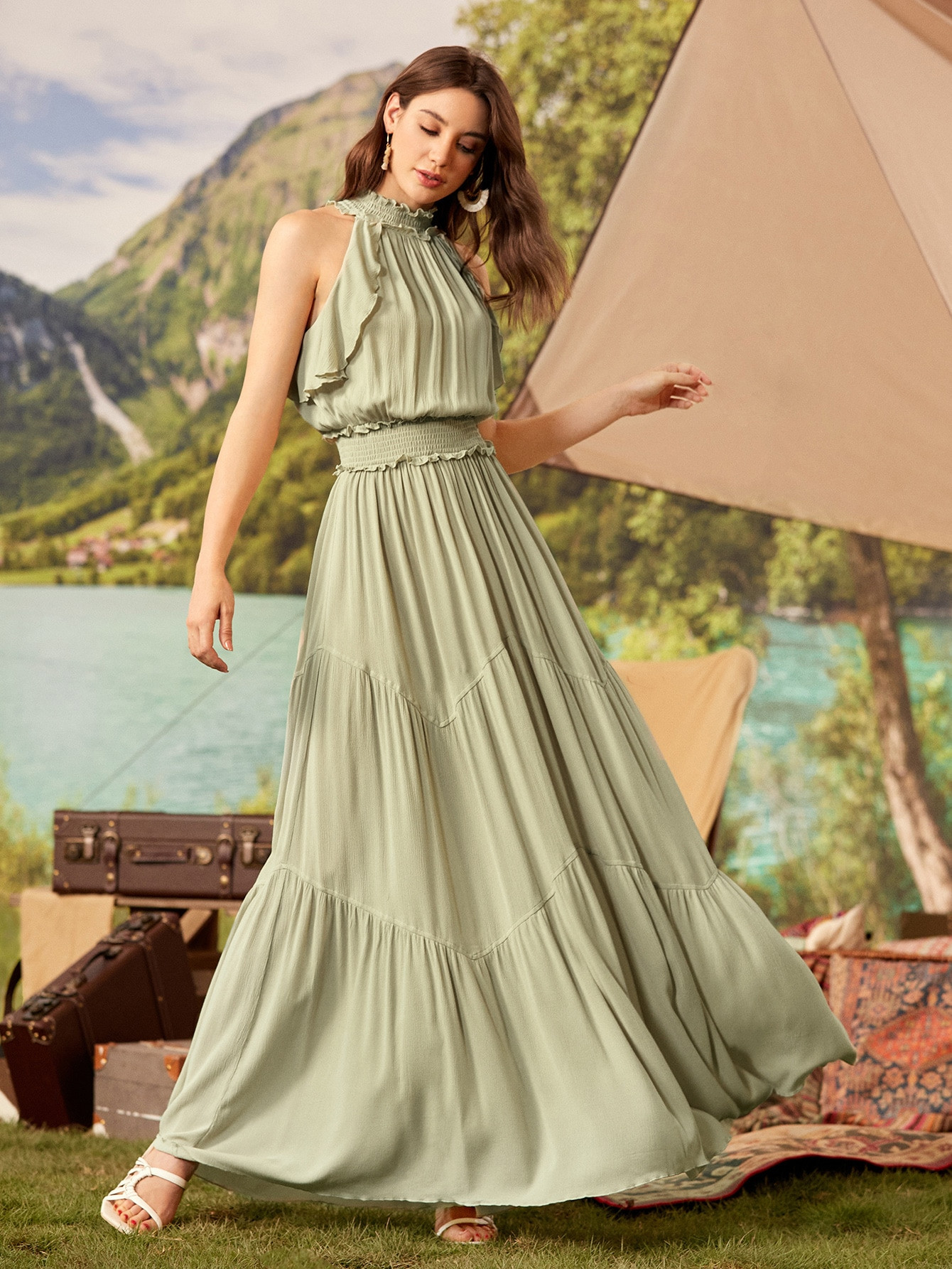 SHEIN Halter Neck Shirred Waist Ruffle Trim Maxi Swing Dress | SHEIN