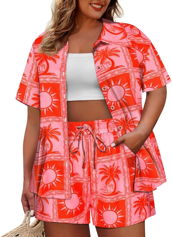 CARCOS Women's Plus Size 2 Piece Sets Summer Top and Shorts Set Short Sleeve Vacation Casual Trac... | Amazon (US)