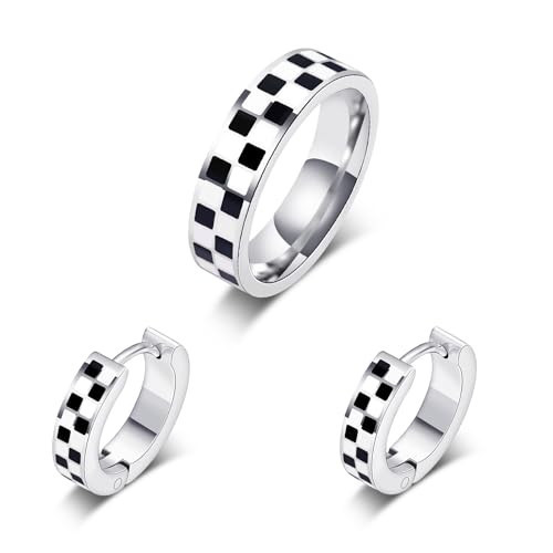Checkered Jewelry Set for Women - 18K Gold Plated Stainless Steel Checkerboard Ring & Black and White Checkered Hypoallergenic Chunky Huggie Hoop Earring, Gift-Ready Packaging for Her (Silver, 6) | Amazon (US)