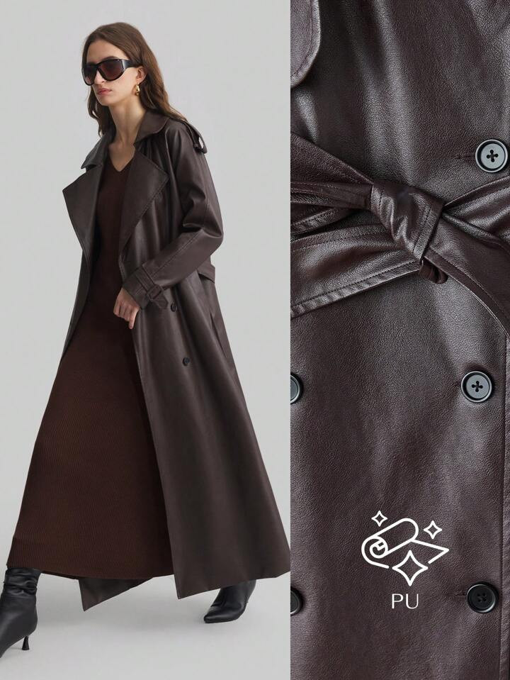 Ontre Women's Chocolate Color Lapel Belt PU Leather Elegant Business Fashion Trench Coat, New 2025 Spring Collection | SHEIN