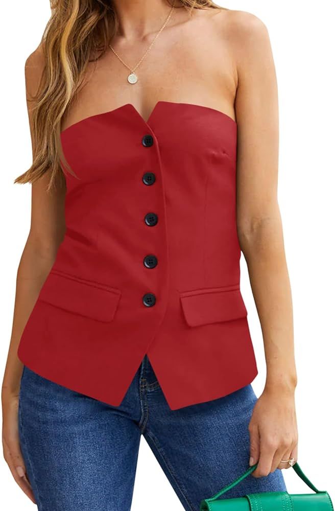 Cicy Bell Notched Neck Tube Tops Blazer Sleeveless Button Fitted Strapless Work Blazer Vest | Amazon (US)