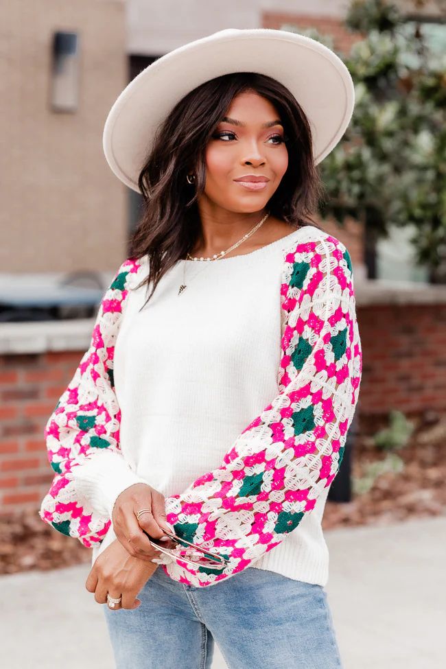 A Day To Remember Cream Multi Chenille Crochet Sleeve Sweater | Pink Lily