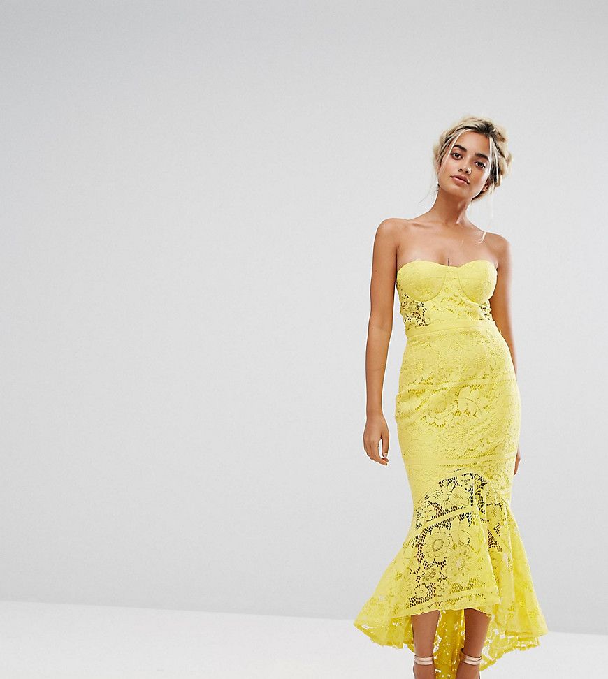 Jarlo Petite Allover Lace Bandeau Midi Dress With Highlow Fishtail - Yellow | ASOS US
