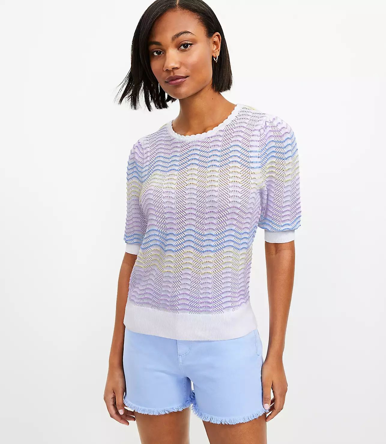 Striped Pointelle Puff Sleeve Sweater Tee | LOFT