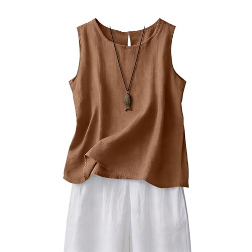 NEKSVTH Cotton Linen Tops For Women Brown M - 2026 Summer Gauze Shirts Sleeveless Crewneck Blouses Casual Beach Vacation Loose Fit Clothes | Amazon (US)