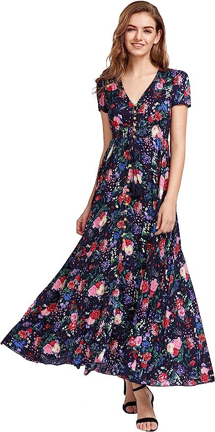 Milumia Women Floral Print Button Up Split Flowy Party Maxi Dress | Amazon (US)