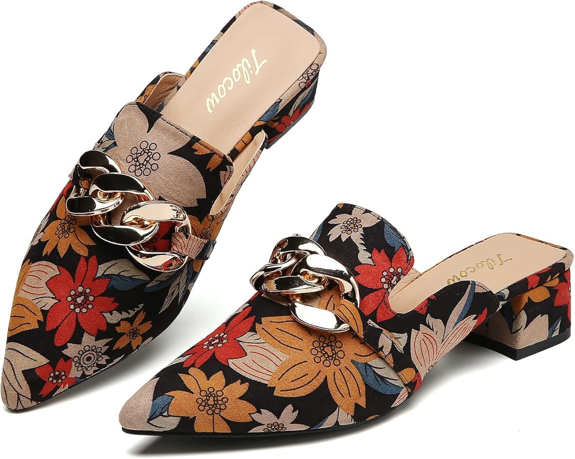 Tilocow Metal Chain Decor Mules Heels for Women Chunky Heeled Sandals Slip on Closed Toe Slides f... | Amazon (US)