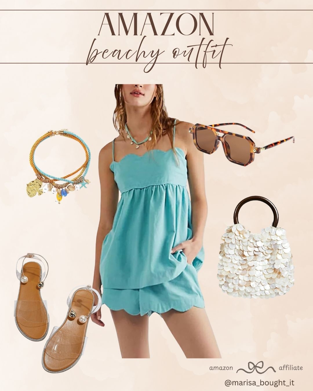 Amazon Beachy Outfit! 🌊

Get ready for your next getaway with this stunning and effortless Amazon beachy look for under $50! ✨

I am obsessed with the statement piece: the vibrant turquoise scalloped two-piece set featuring a breezy cami top and matching mini shorts. Balance the bold color with beach-ready accessories like a shell-embellished pearl handbag and a layered nautical charm necklace. Finish the look with chic tortoiseshell aviator sunglasses and clear pearl-accented flat sandals for a perfectly polished, sun-drenched aesthetic!

#OOTD
#BeachyOutfit
#AmazonFashion
#VacationStyle
#SummerOutfits
#ResortWear
#TwoPieceSet
#SummerAccessories
#PearlSandals
#BeachVibes
#AmazonFinds
#LTKStyle
#EverydayChic
#TravelInspo
#SummerStyle


#LTKootd #LTKSwim #LTKspring