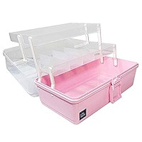 WEWLINE Sewing Box Art Supply Bin 3-Layers Craft Storage Organizer with Handle Pink Tool Box for Art | Amazon (US)