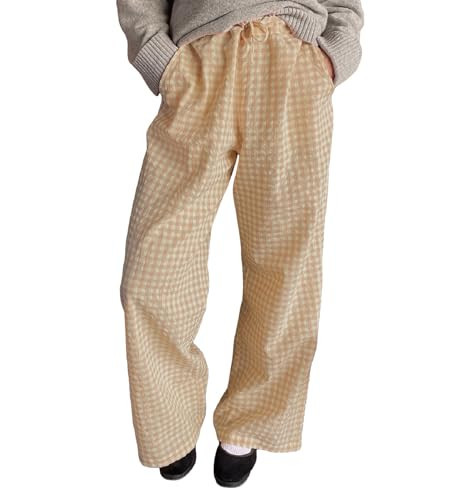 Women Y2k Plaid Print Long Pants Side Tie Bow Wide Leg Pants High Waist Gingham Trousers Lounge Pants(Loose Yellow,X-Large) | Amazon (US)