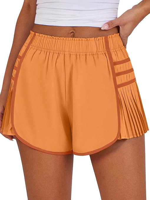 Caracilia Women's Running Shorts High Waisted Quick Dry Athletic Workout Flowy Pleated Contrast C... | Amazon (US)