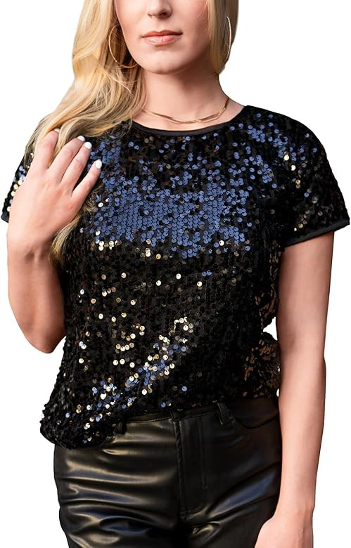 Anna-Kaci Women's Sparkly Sequin Top Short Sleeve Glitter Concert Party Disco Shirt Blouse | Amazon (US)