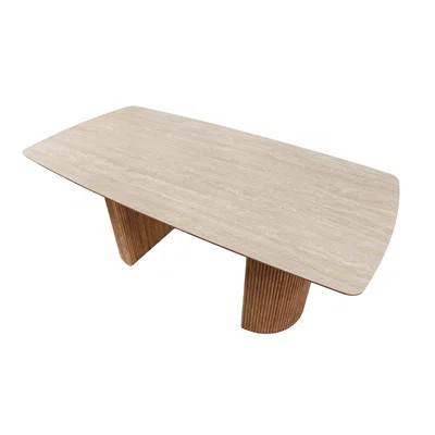 Modern Rectangular Sintered Stone Dining Table with Travertine Look and Fluted Pedestal Bases | Wayfair North America