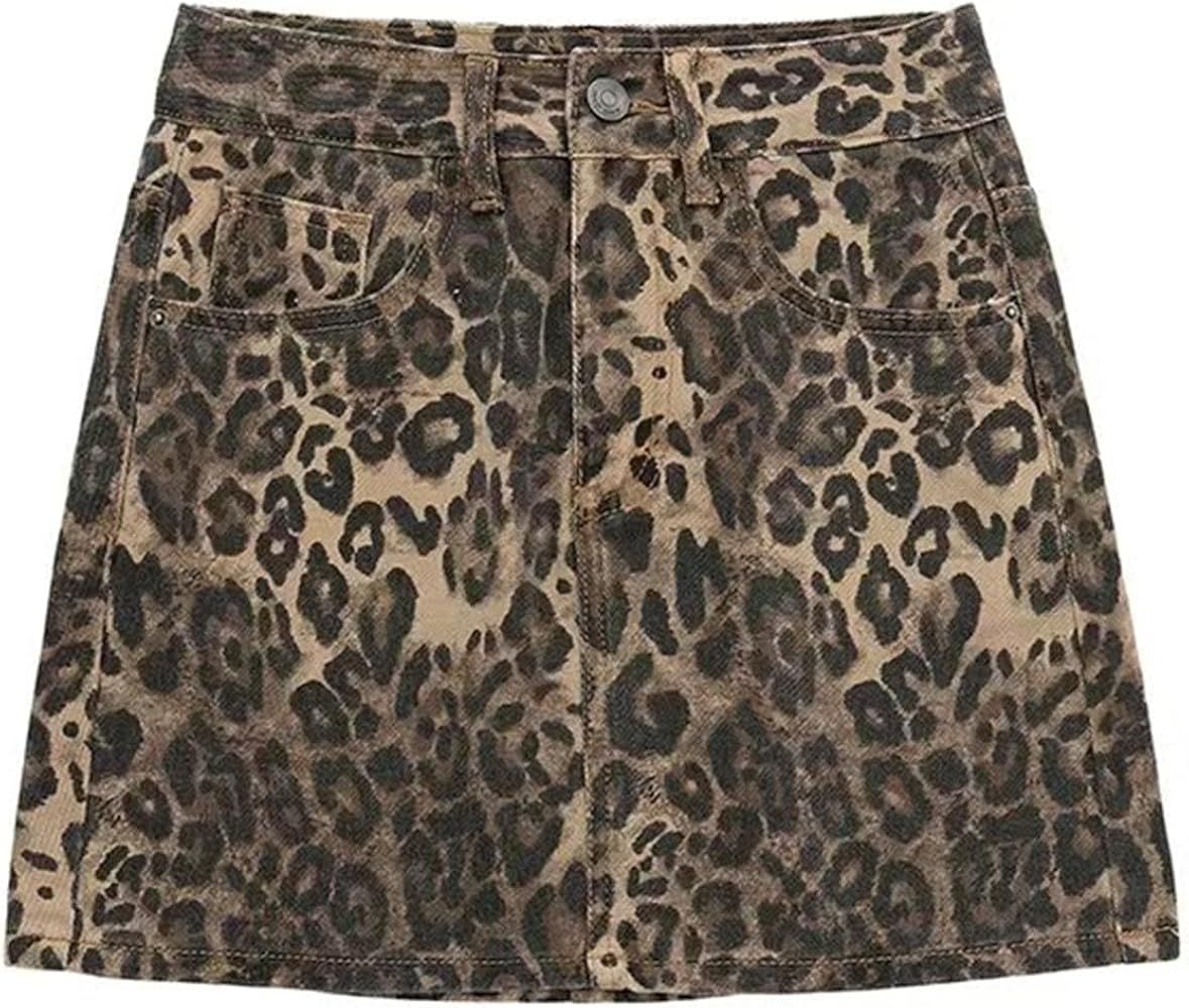 Denim Skirt Leopard Print Skirts for Women, Y2k Jeans Mini Skirt High Waisted with Pockets, Stree... | Amazon (US)