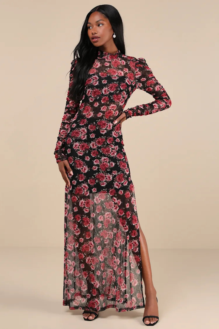 Lovely Silhouette Black Floral Sheer Mesh Cutout Maxi Dress | Lulus