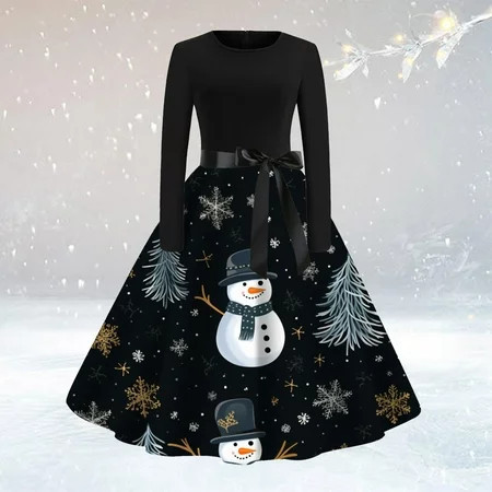 TrendVibe365 Christmas Party Dresses for Women Black Snowman Retro Sexy Dress Crew Neck Classy Dress Long Sleeve Homecoming Dress Midi Wedding Guest Dress Swing Prom Dress 1950s Winter Dress | Walmart (US)