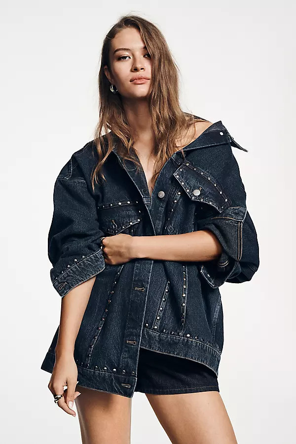 The Weston Denim Boyfriend Jacket by Pilcro: Studded Edition | Anthropologie (US)