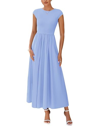 PRETTYGARDEN Women's 2025 Summer Casual Long Dresses Cap Sleeve Patchwork A Line Flowy Modest Elegant Homecoming Maxi Dress (Light Blue,Medium) | Amazon (US)