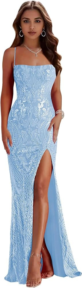 Women's Mermaid Sequin Prom Dresses with Slit Sparkly Spaghetti Straps Long Evening Dress Corset ... | Amazon (US)