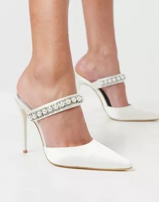 Truffle Collection Bridal heeled mules with pearl embellishment in white | ASOS (Global)