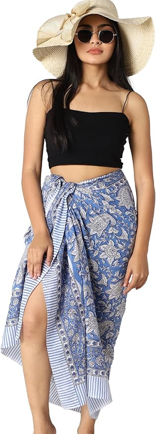 100% Cotton Sarong Coverups for Women Indian Hand Block Print Swimsuit Pareo Wrap Skirt Beach Swi... | Amazon (US)