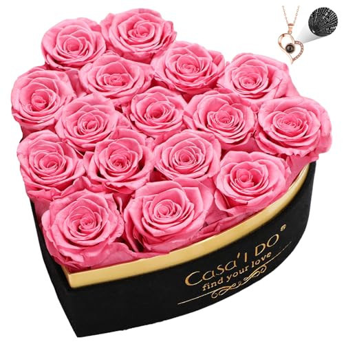 Casaido Preserved Roses Flowers for Delivery 16 Pcs, Forever Flores in Heart Box with Necklace, Eternal Rose Anniversary Birthday Gift for Women Wife Girlfriend, Rosas for Valentines Christmas, Pink | Amazon (US)