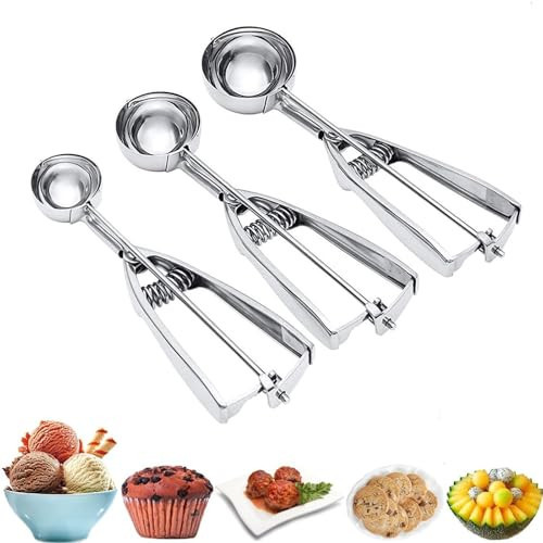 Ice Cream Scoop, 3Pcs Cookie Scoop Set, Stainless Steel Ice Cream Scooper with Trigger Release, Large/Medium/Small Cookie Scooper for Baking, Cookie Scoops for Baking Set of 3 with Cookie Dough Scoop… | Amazon (US)