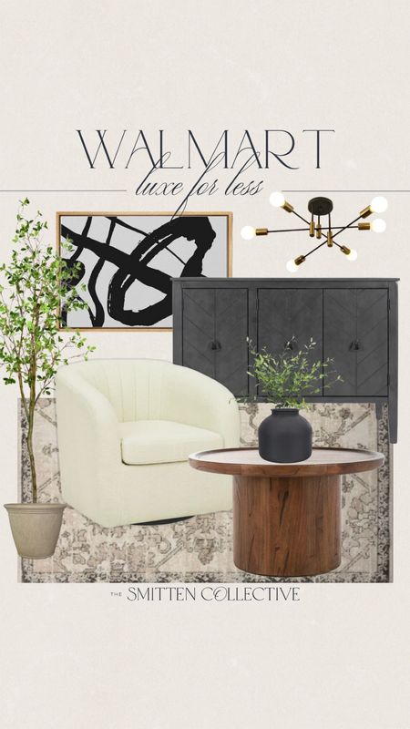 Walmart luxe for less includes black console, light fixture, wall art, faux tree, pot, area rug, coffee table, black vase, faux greenery stem, and accent chair.

Home decor, living room decor, Walmart finds, looks for less

#LTKhome #LTKstyletip #LTKfindsunder100