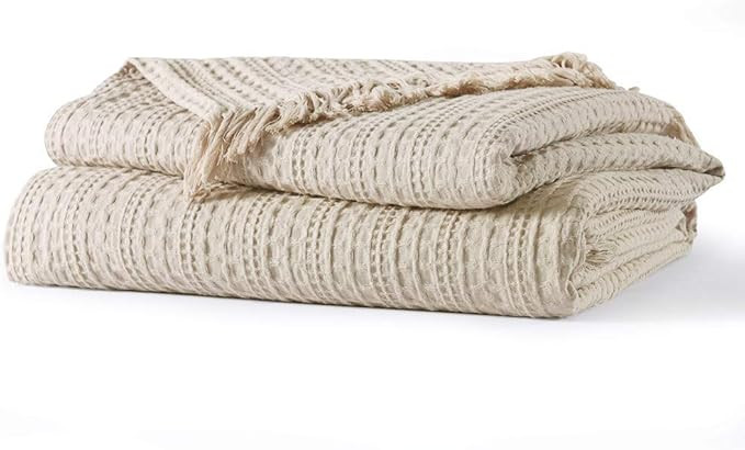 100% Cotton Throw Blanket, Waffle Woven Beige Decorative Blanket with Fringe, Rustic Pre-Washed S... | Amazon (US)