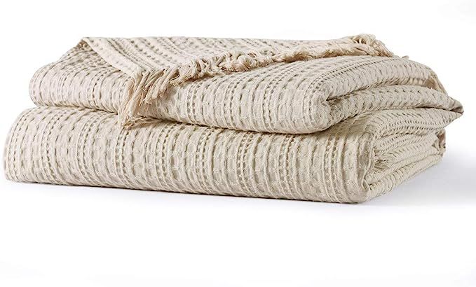 100% Cotton Throw Blanket, Waffle Woven Beige Decorative Blanket with Fringe, Rustic Pre-Washed S... | Amazon (US)