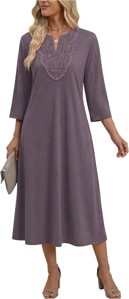 Zeagoo 3/4 Sleeve Dress for Women Midi Dresses V Neck Lace Casual Sundress | Amazon (US)