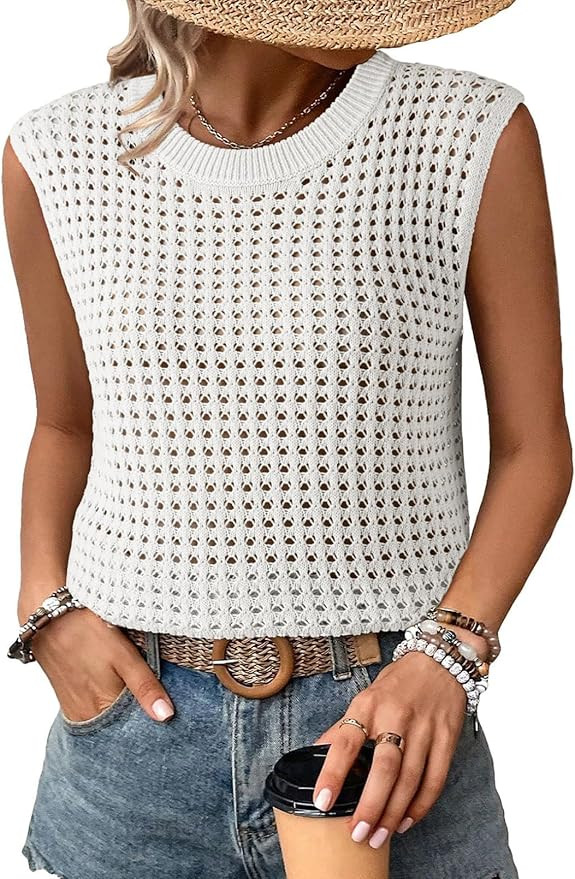 Dokotoo Womens Casual Crewneck Sleeveless Sweaters Vest Loose Crochet Hollow Out Knit Beach Swims... | Amazon (US)