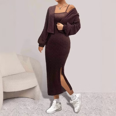 Women's Knit Cardigan & Slip Dress Set Lounge 2 Piece Outfit Long Sleeve Cover-Up with Bodycon Dress Brown S | Target